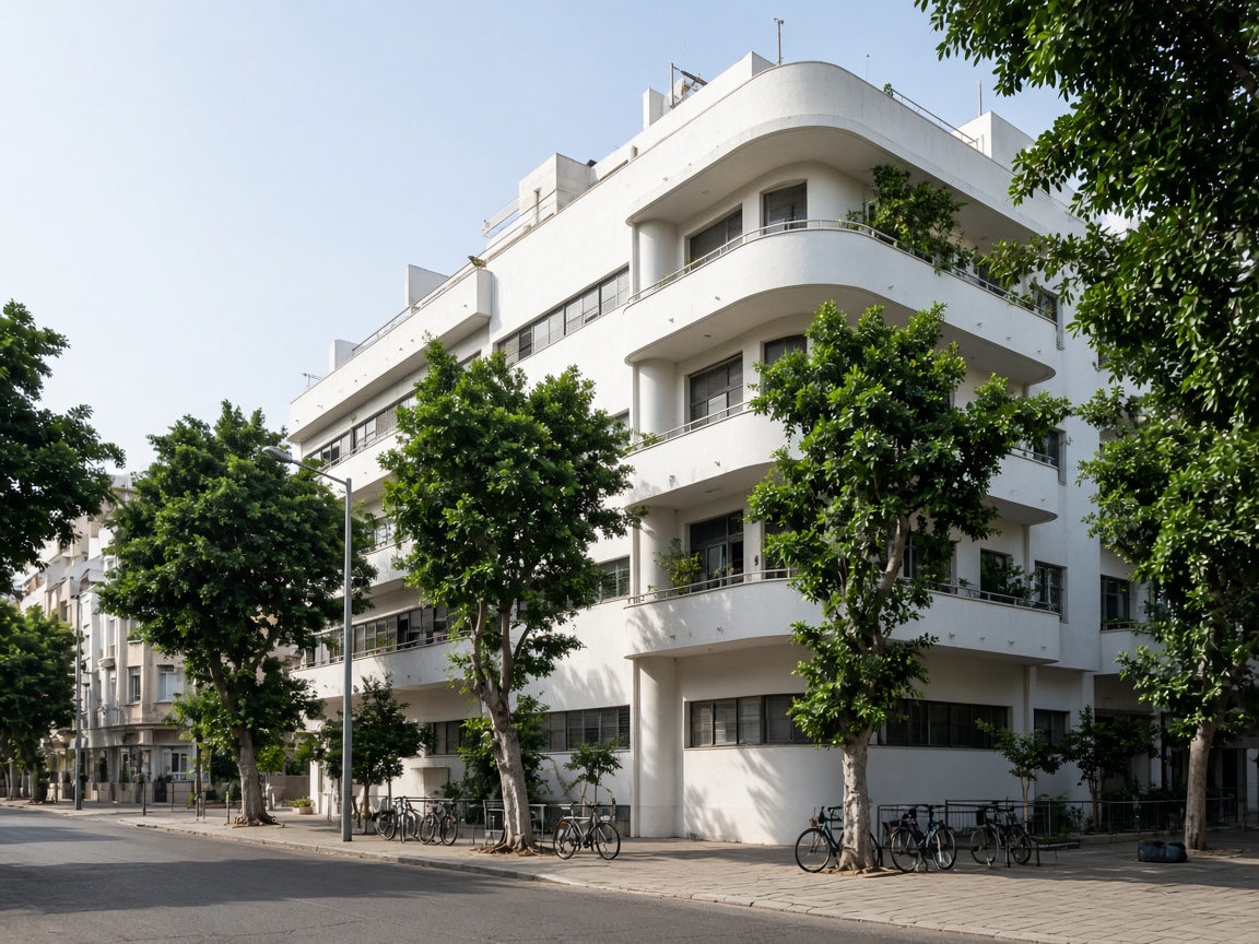 White Bauhaus building with rounded balconies on a Tel Aviv street