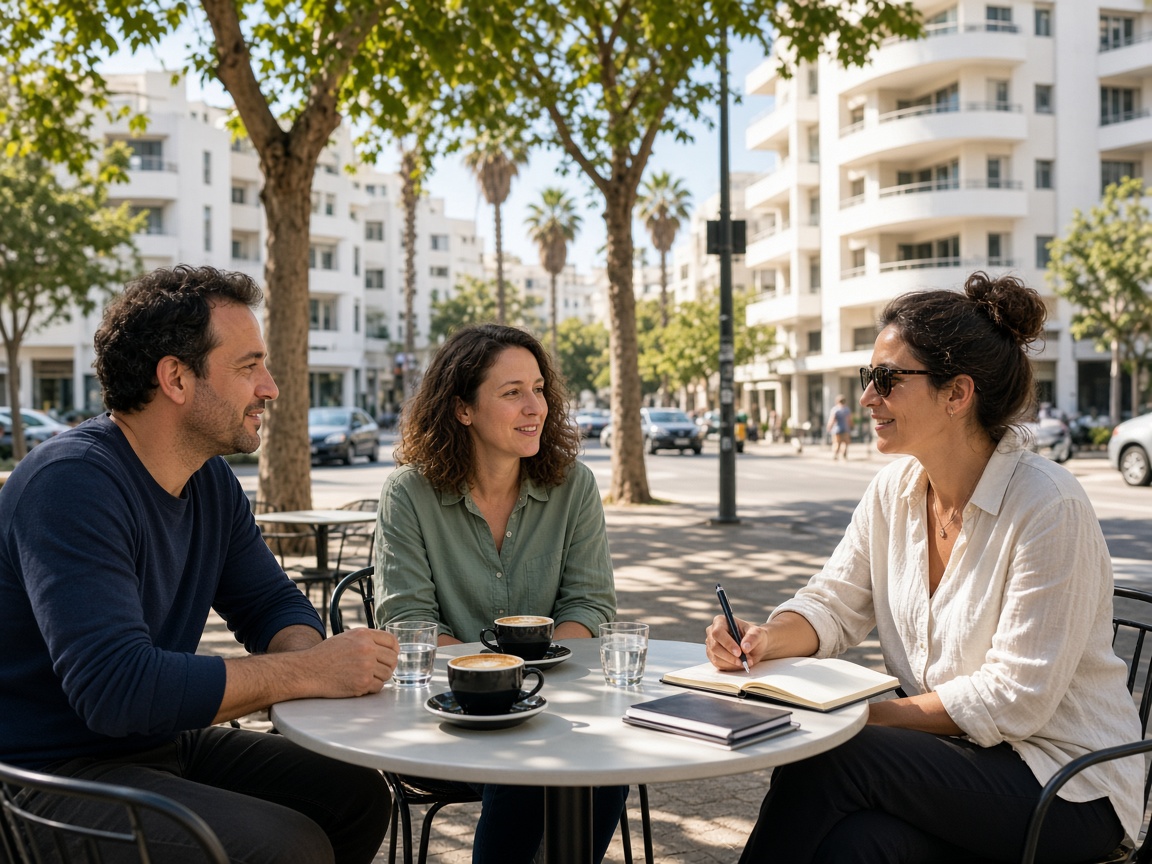 Conversation lesson at an outdoor café on a Tel Aviv boulevard
