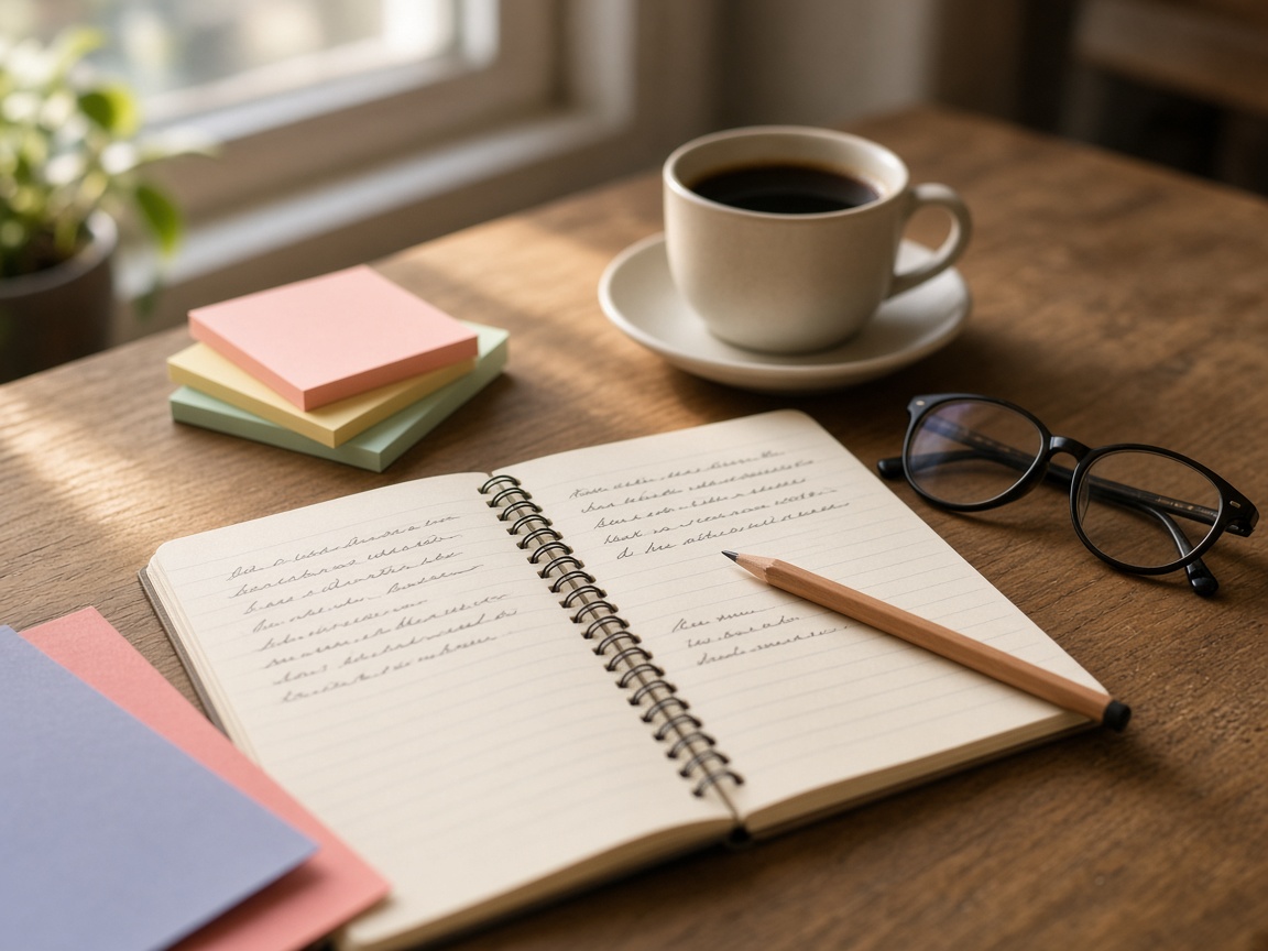 Open notebook with handwriting, sticky notes and a cup of coffee