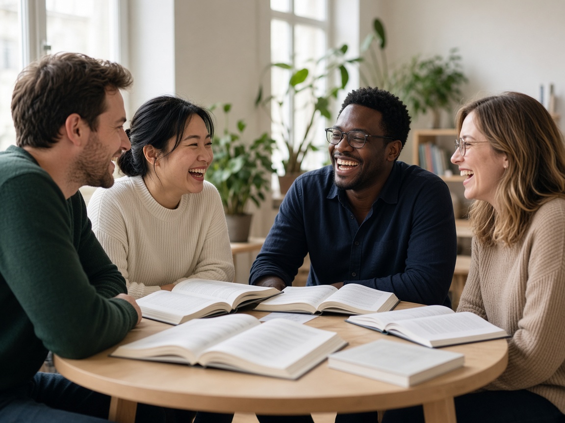 Small group of adult learners laughing over open books