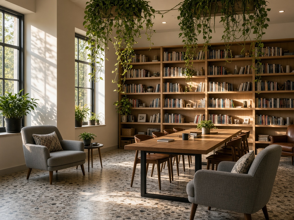 Quiet study lounge with bookshelves and armchairs