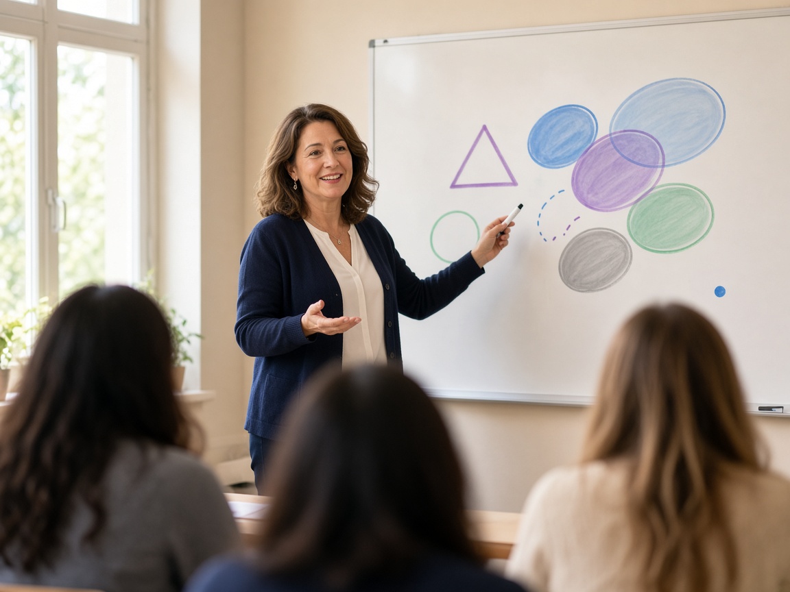 Teacher explaining at a whiteboard to a small class